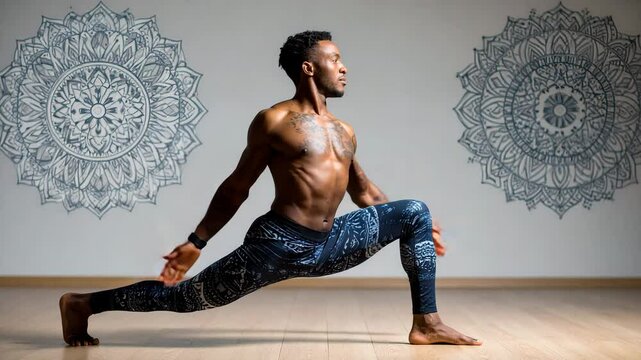 A fit man practices yoga in a studio, holding a Warrior II pose with arms outstretched against a decorative mandala wall background.