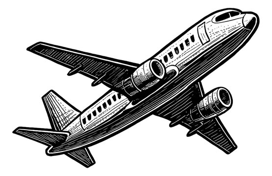 Fototapeta Illustration of an airplane with engraved design in black and white color on white background.