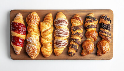 Wooden board with different sweet croissants
