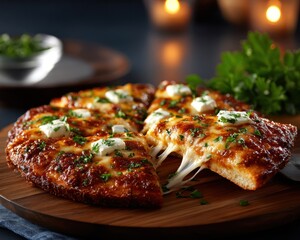 Delicious pizza slices on a wooden board