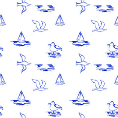 Blueprint seamless pattern with hand-drawn seagulls, yachts. Blue sketch aesthetic perfect for marine-themed designs.