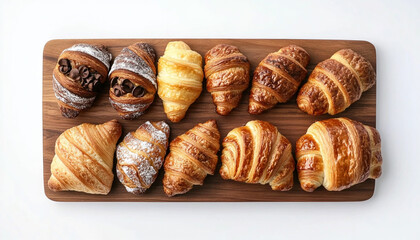 Wooden board with different sweet croissants