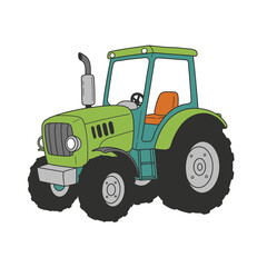 Flat design illustration of a tractor with black wheels and a beige exhaust pipe on a white background. Represents agriculture, farming, and rural machinery. Vector illustration