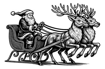 Obraz premium Santa Claus riding reindeer sleigh in detailed black and white outline line art drawing