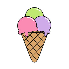 A colorful ice cream cone with three scoops, isolated on white background