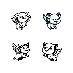 Fototapeta premium Piglet Pig wing fly engrave illustration logo icon