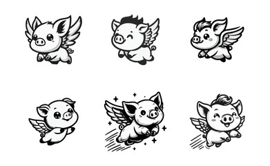 Piglet Pig wing fly engrave illustration logo icon