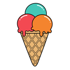 A colorful ice cream cone with three scoops, isolated on white background