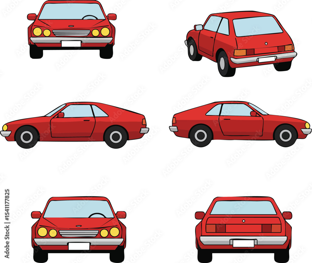 Poster red classic car vector illustrations showing multiple angles including front, back, and side views i