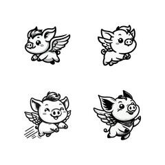 Piglet Pig wing fly engrave illustration logo icon