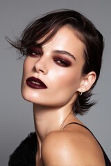Fototapeta premium Elegant model with dark makeup poses for a portrait. Features include her striking eye makeup and a sleek short haircut.