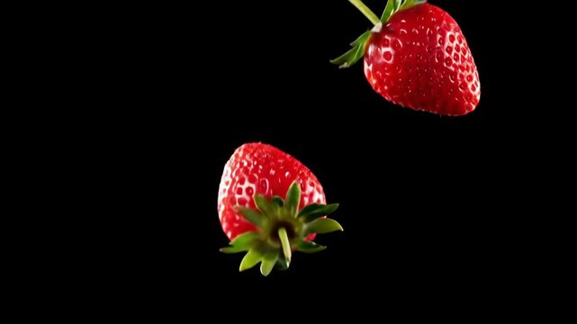 Fresh Strawberries Falling in Slow Motion on Black Background
