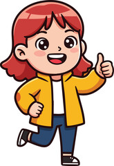 Obraz premium Happy girl with red hair wearing yellow jacket giving thumbs up cartoon vector illustration cheerful positive character 