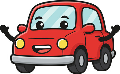Red happy cartoon car with smiling face and waving arms vector illustration for kids and transport themes 