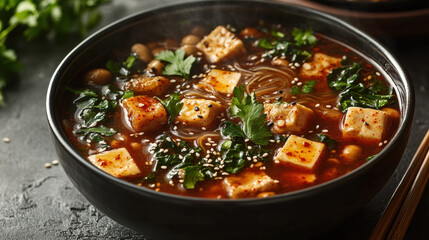 Beef stew with vegetables and herbs served hot in a bowl