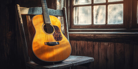 A sunlit acoustic guitar rests on an old wooden chair near a window.