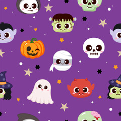 Cute Halloween characters avatar seamless pattern background