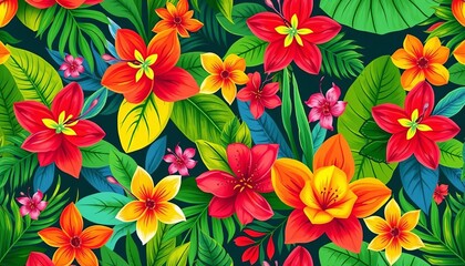 Fototapeta premium Vibrant, abstract tropical floral pattern; hand-drawn, seamless, colorful, modern design, summer, greenery