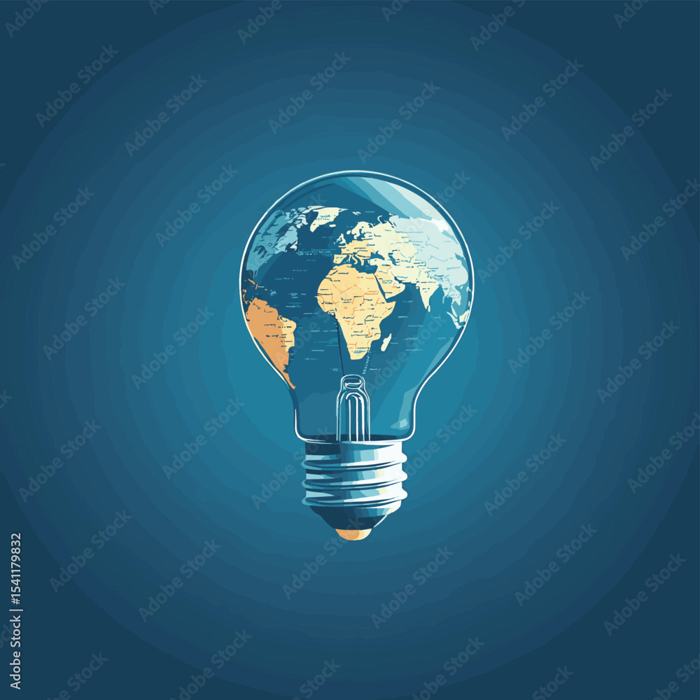 Poster creative light bulb with world map. global idea concept vector illustration, vector style simple col