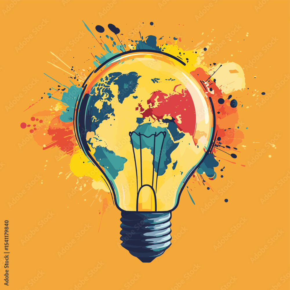 Poster creative light bulb with world map. global idea concept vector illustration, vector style simple col