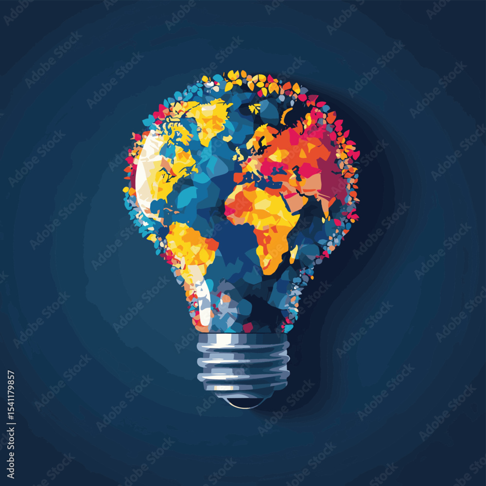 Poster creative light bulb with world map. global idea concept vector illustration, vector style simple col