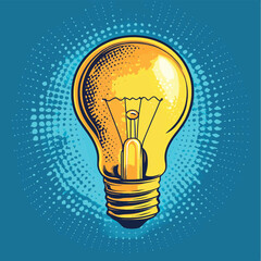 Concept of Idea. Light bulb in pop art style on blue background