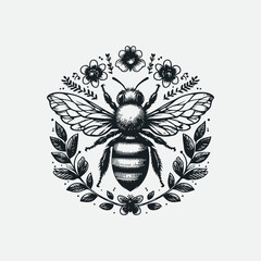 Creative vintage style Honey bee editable vector logo. Hand drawn engraving style bee illustrations.