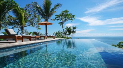 Fototapeta premium A serene tropical pool with an infinity pool extending into the ocean, surrounded by lush palm trees and a clear blue sky.