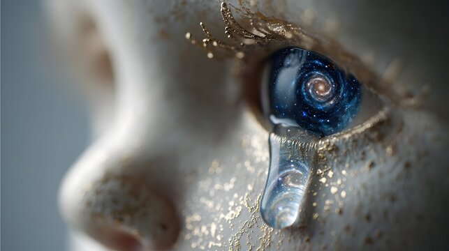 A tear with a swirling galaxy of memories on a porcelain doll s cheek