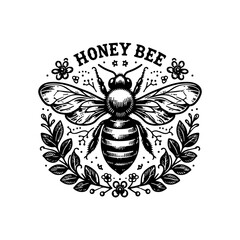 Creative vintage style Honey bee editable vector logo. Hand drawn engraving style bee illustrations.