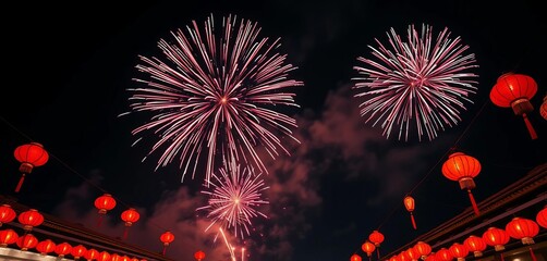 Vibrant fireworks explode over red lanterns against a night sky, ample copy space,  sky,  banner