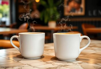 Fototapeta premium Two steaming white mugs of coffee on cafe table closeup, beverage, coffee shop
