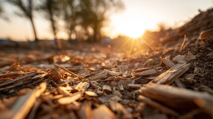 Fototapeta premium Sun setting over wood chips.