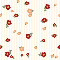 Vector pattern of fabric, wallpaper, wrapping paper, mats and bed sheets. Continuous and repeatable. Designed with stripes and alternating flowers in a cute style.