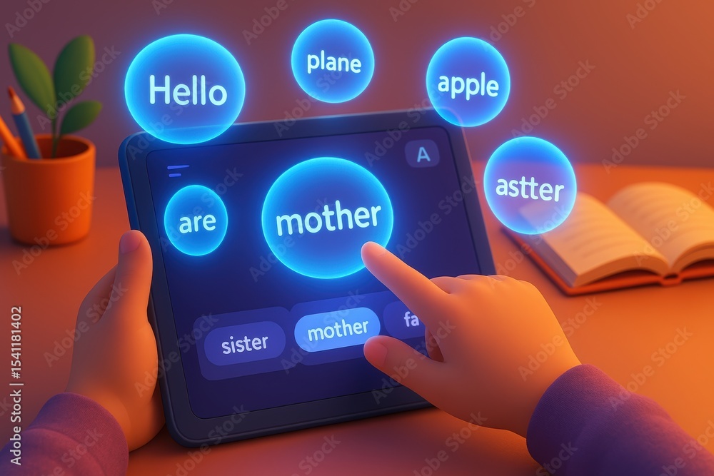 Poster interactive learning tool for language development with word clouds and touchscreen tablet