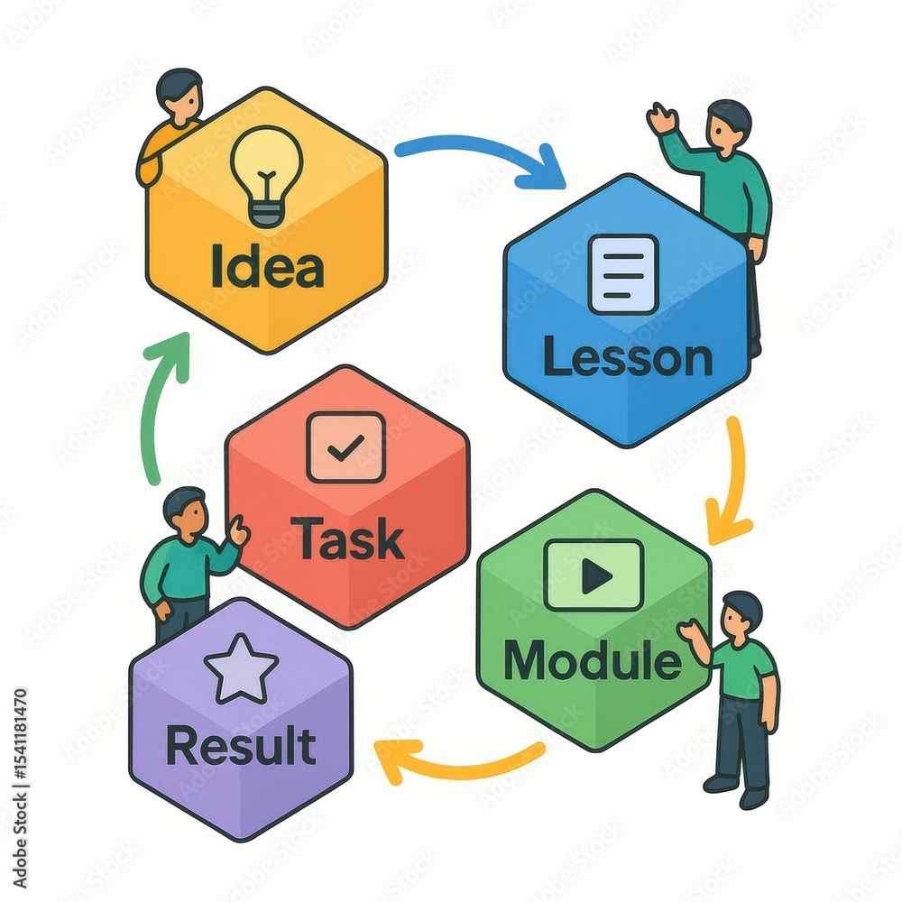 Poster creative process flowchart for learning concepts with engagement and interaction elements