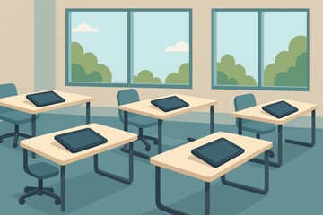 Modern Classroom with Desks and Screens, Open Windows, and Soft Natural Light Streaming In