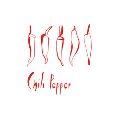 Minimal red chili pepper set with handwritten text and abstract shapes for spicy food packaging or kitchen design