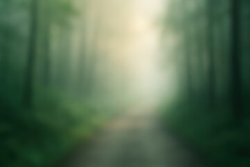Blur of Serene Forest Pathway Surrounded by Misty Green Foliage and Lush Trees on a Tranquil Morning