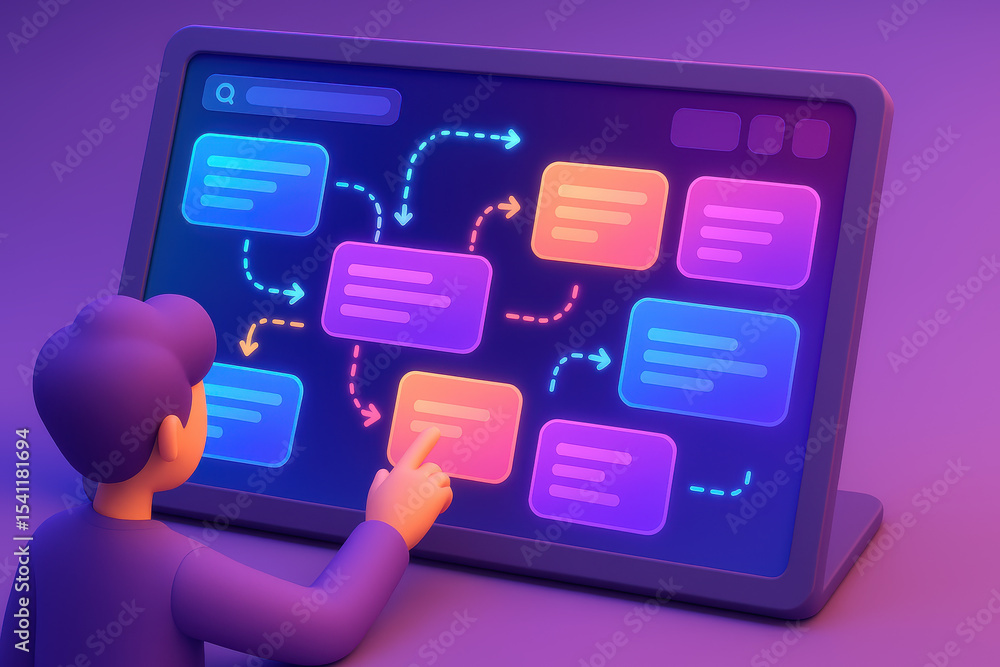 Poster Digital Display of Colorful Flowcharts with User Interaction and Dynamic Interface Elements