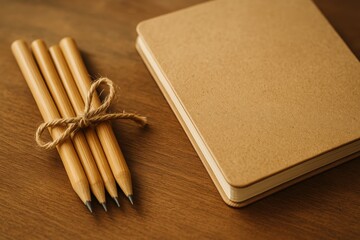 Natural Brown Notepad with Wooden Pencils Tied with String on a Wooden Surface
