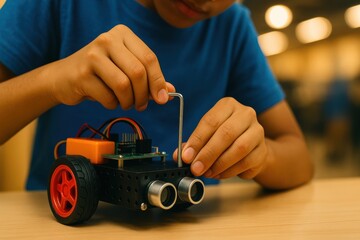 Young Boy Assembling a Robotic Car with Tools in a Classroom Setting