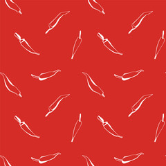 White chili pepper seamless pattern on red background in minimal line art style for spicy food packaging and kitchen decor