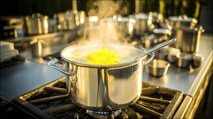 Stainless steel pot of boiling food on a commercial kitchen stove