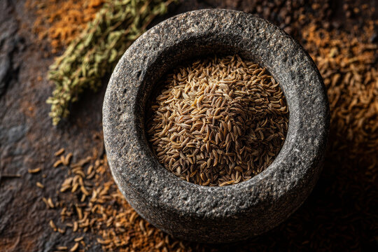 Rustic stone mortar full of cumin seed looks inviting