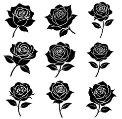 Set Of Rose vector, Rose shape, Rose silhouette, Rose Clipart Rose Files, cutting, Rose flower silhouette, flowers, Black rose silhouette vector illustration