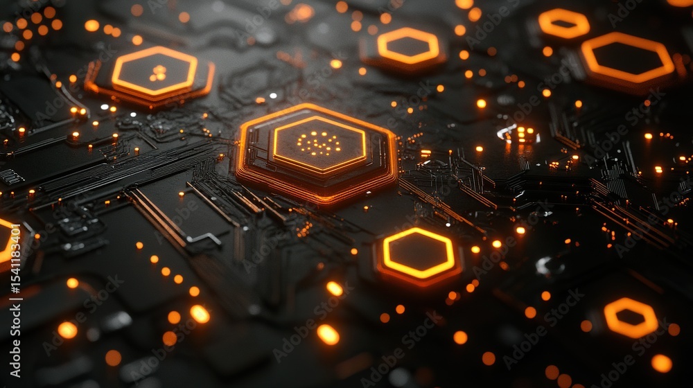 Poster glowing hexagon network data center circuitry