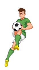 Cartoon illustration of a young boy soccer player kicking a ball during a fun game