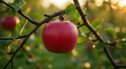 Red Apple on Branch in Orchard