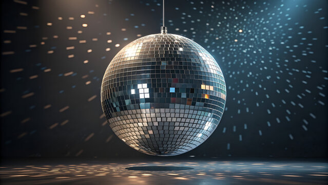 Classic round disco ball illustration with irregular mirrored panels and soft light reflections, isolated PNG on transparent background perfect for party disco event visuals and festive decoration des